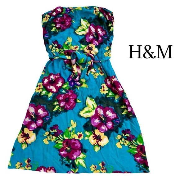 H&M Blue Multi Floral Strapless Bandeau Dress Sz 6 EUC​ - Picture 2 of 11
